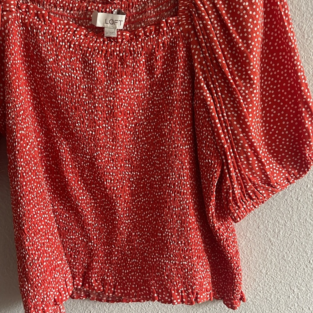 LOFT Red Puff Sleeve Smocked Top - Picture 4 of 6